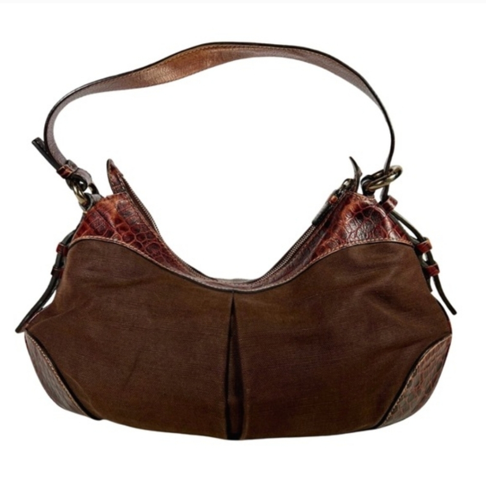 CELINE Brown Canvas & Crocodile Leather Hobo Bag